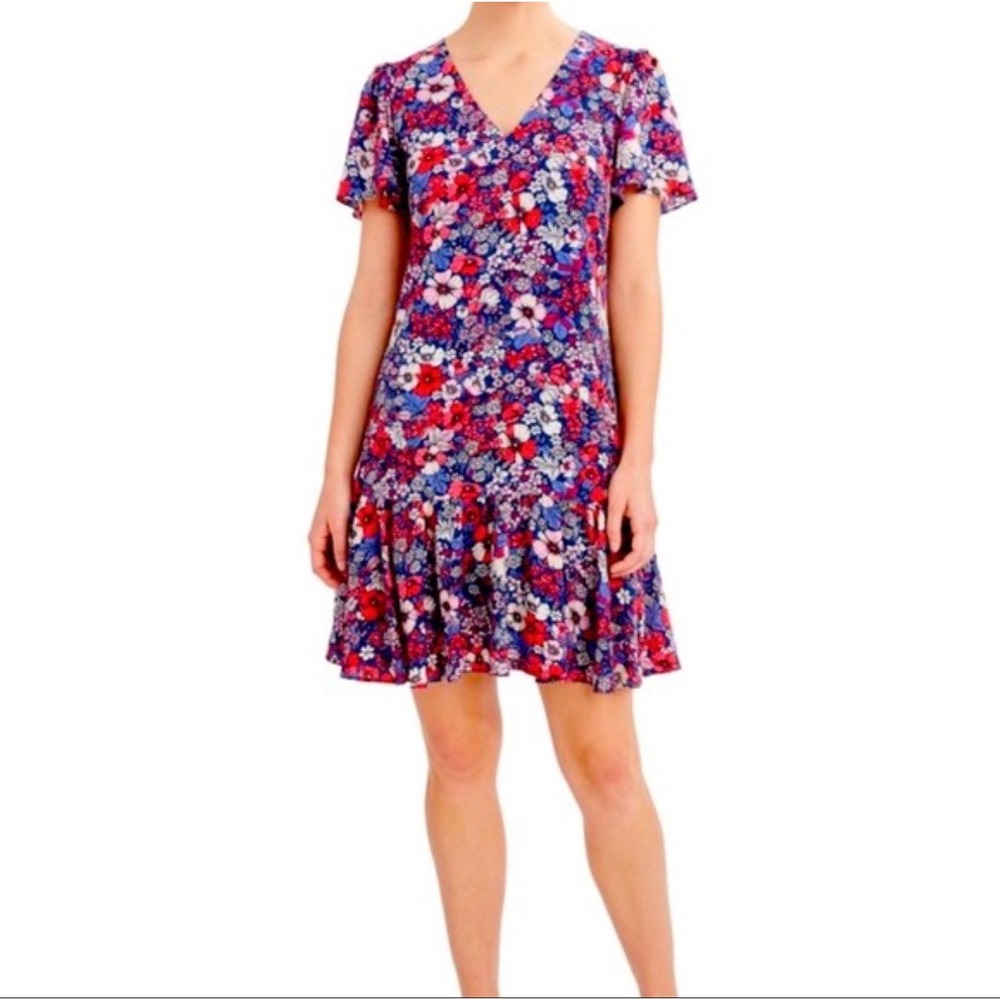 BCBG Paris Navy Floral Print Short Sleeve V‎ Neck Drop Waist Dress M Flounce Hem
